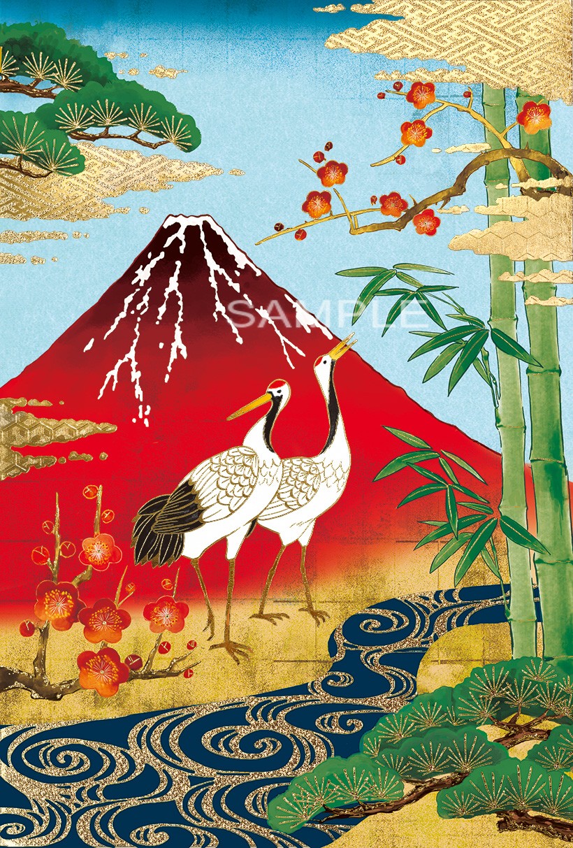 赤富士と松竹梅鶴